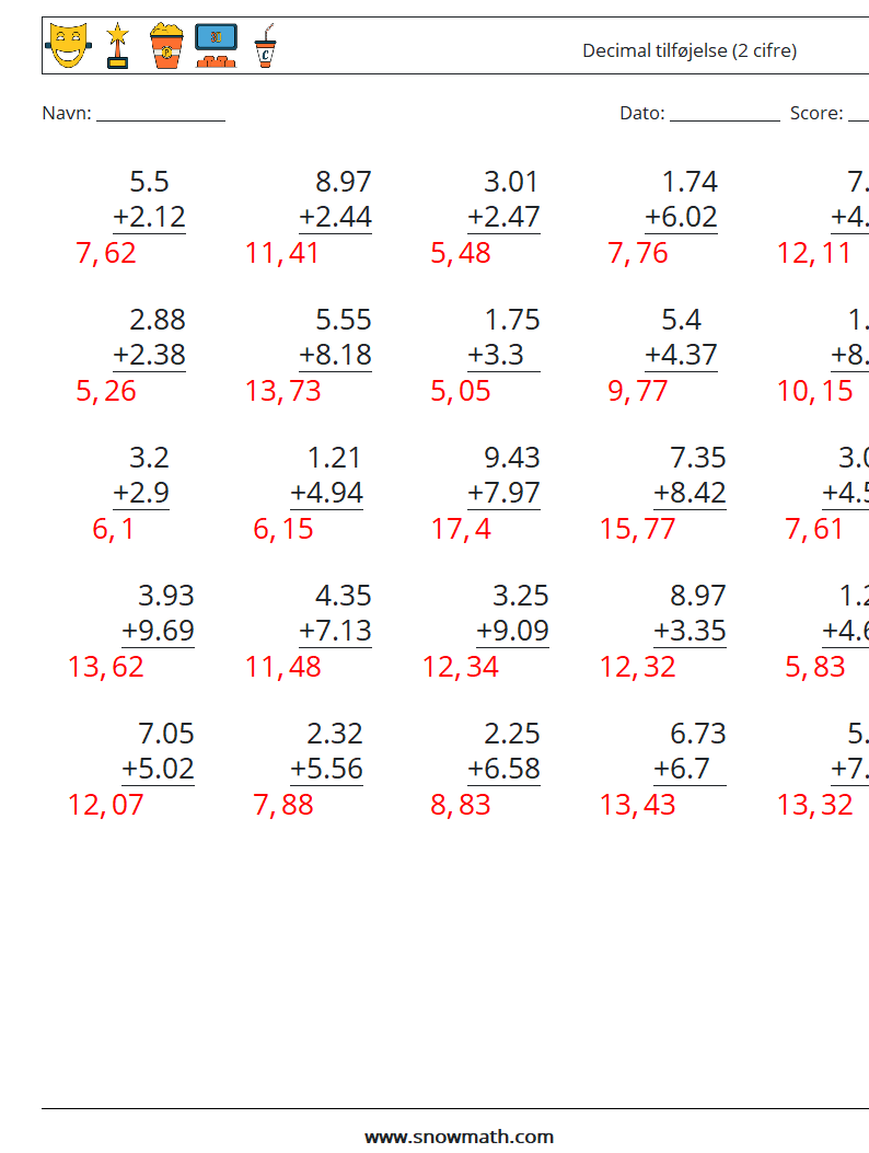 (25) Decimal tilføjelse (2 cifre) Matematiske regneark 8 Spørgsmål, svar