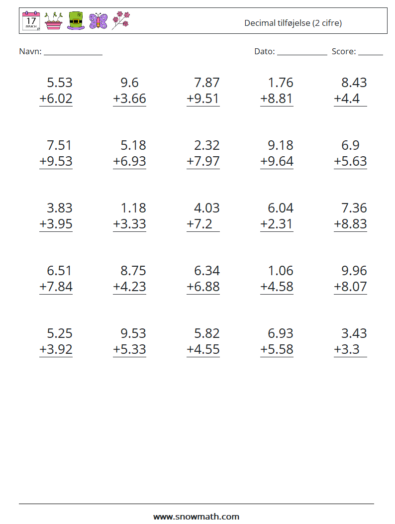 (25) Decimal tilføjelse (2 cifre) Matematiske regneark 9