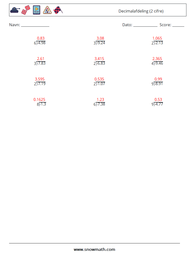 (12) Decimalafdeling (2 cifre) Matematiske regneark 11 Spørgsmål, svar