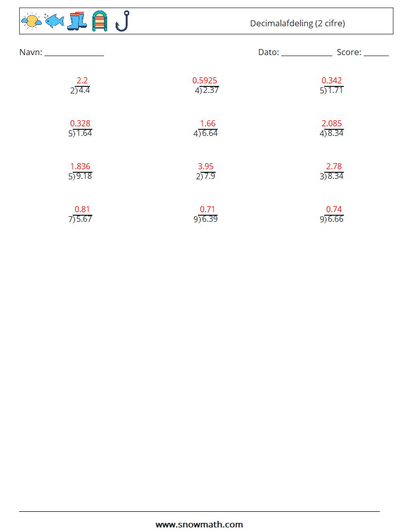 (12) Decimalafdeling (2 cifre) Matematiske regneark 13 Spørgsmål, svar