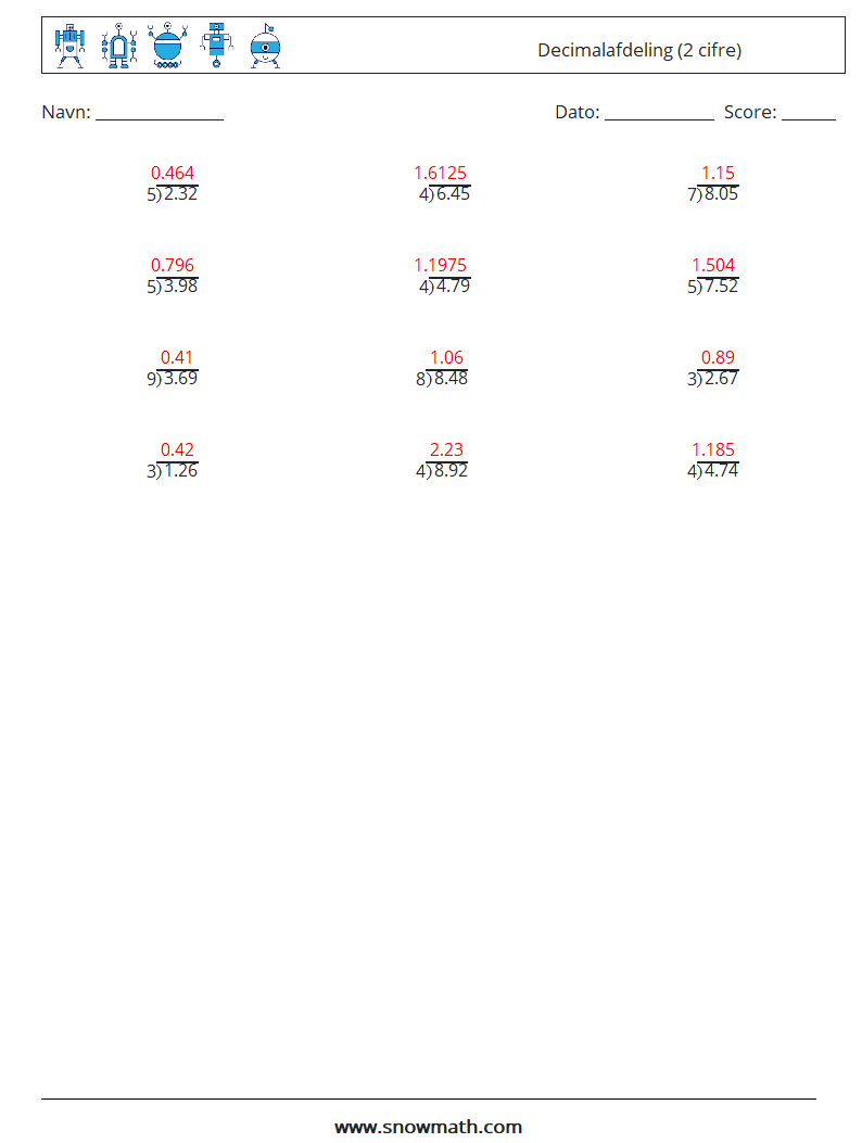 (12) Decimalafdeling (2 cifre) Matematiske regneark 14 Spørgsmål, svar
