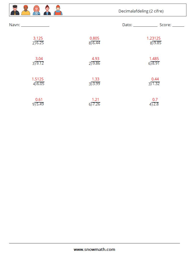 (12) Decimalafdeling (2 cifre) Matematiske regneark 16 Spørgsmål, svar