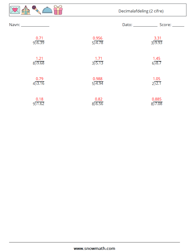 (12) Decimalafdeling (2 cifre) Matematiske regneark 18 Spørgsmål, svar