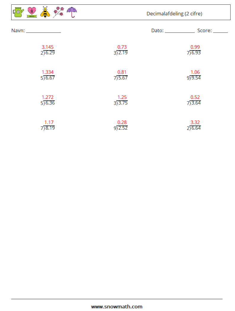 (12) Decimalafdeling (2 cifre) Matematiske regneark 1 Spørgsmål, svar