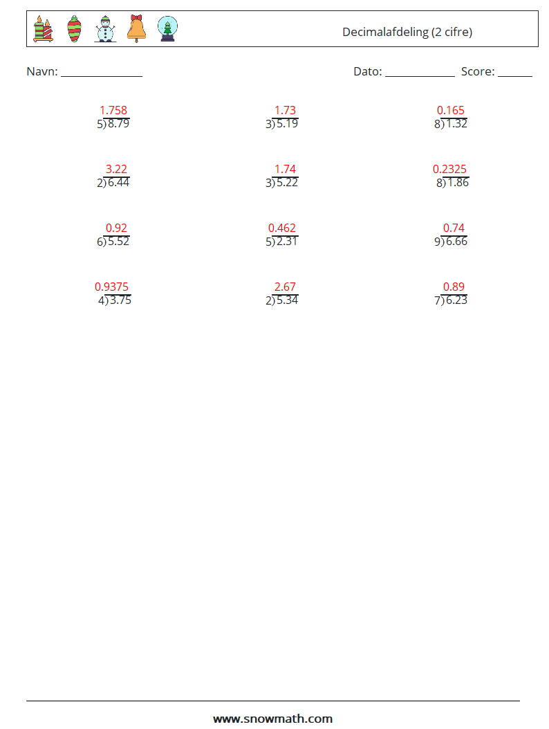 (12) Decimalafdeling (2 cifre) Matematiske regneark 2 Spørgsmål, svar