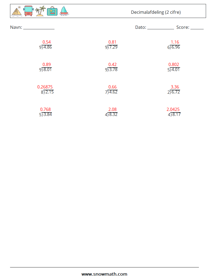 (12) Decimalafdeling (2 cifre) Matematiske regneark 3 Spørgsmål, svar