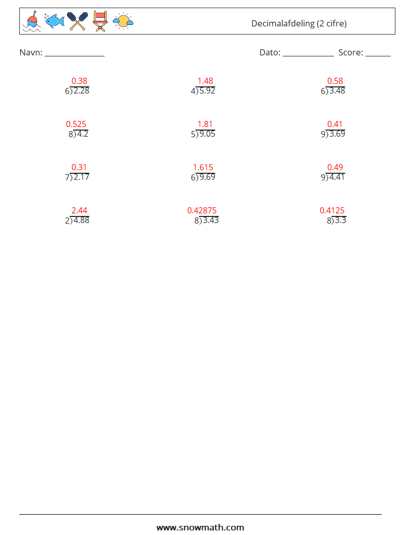 (12) Decimalafdeling (2 cifre) Matematiske regneark 4 Spørgsmål, svar