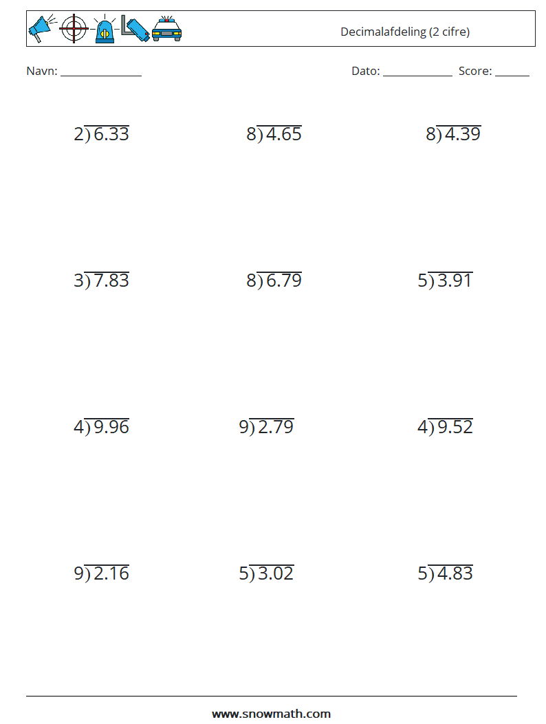 (12) Decimalafdeling (2 cifre) Matematiske regneark 8