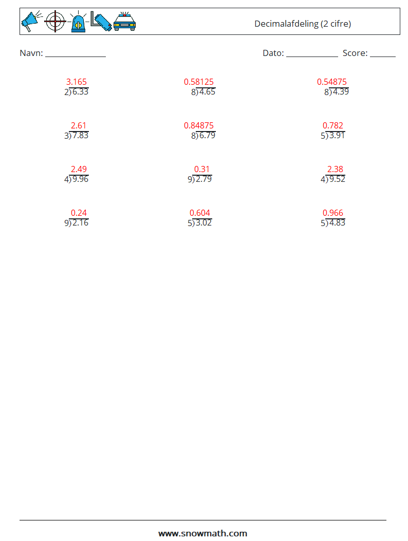 (12) Decimalafdeling (2 cifre) Matematiske regneark 8 Spørgsmål, svar