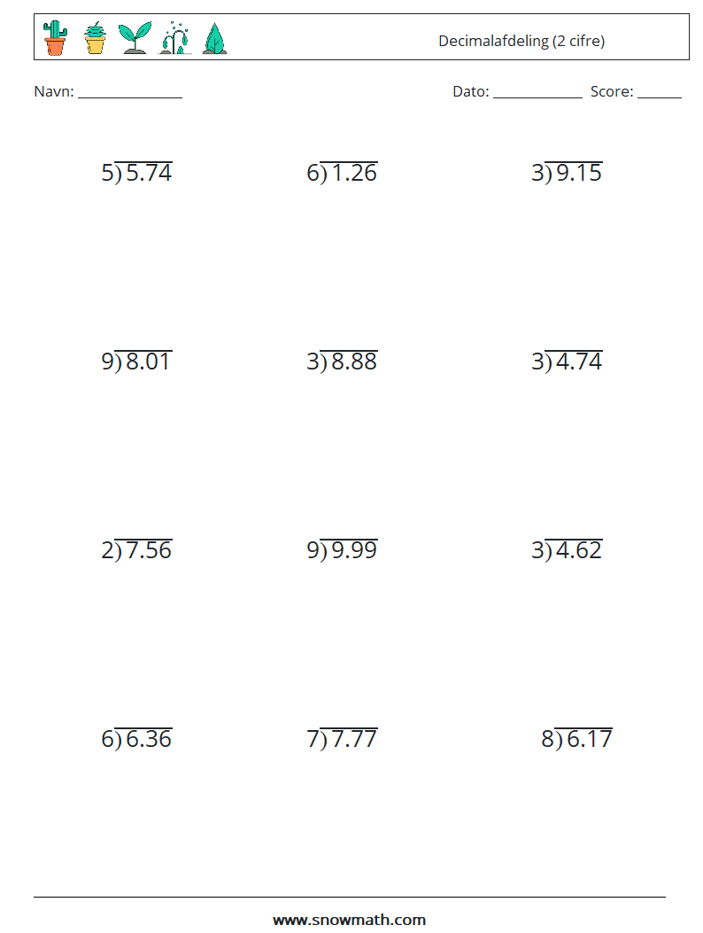 (12) Decimalafdeling (2 cifre) Matematiske regneark 9