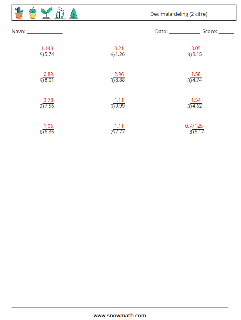 (12) Decimalafdeling (2 cifre) Matematiske regneark 9 Spørgsmål, svar