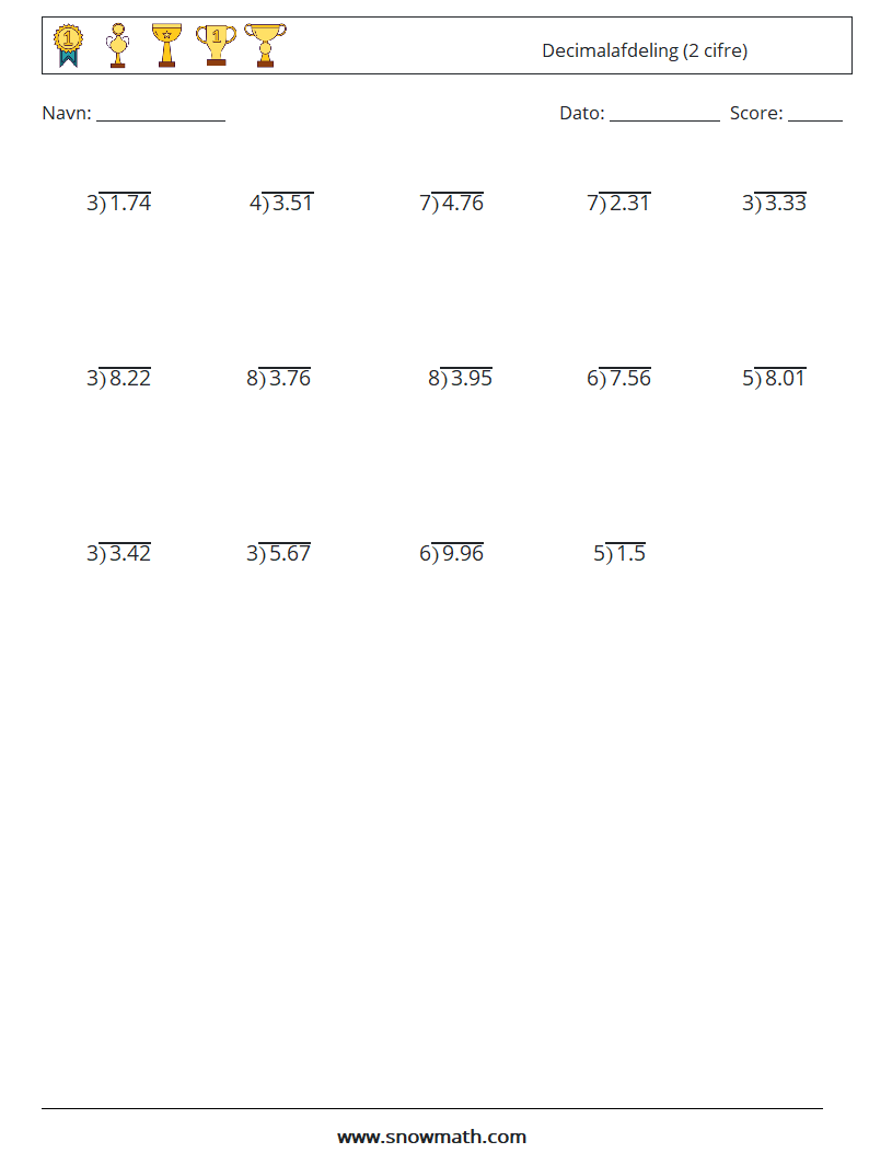 (25) Decimalafdeling (2 cifre) Matematiske regneark 10