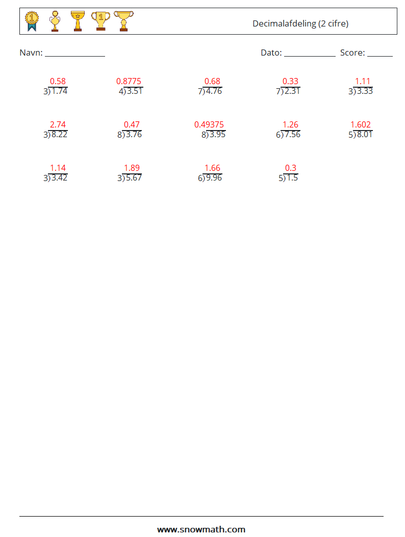 (25) Decimalafdeling (2 cifre) Matematiske regneark 10 Spørgsmål, svar