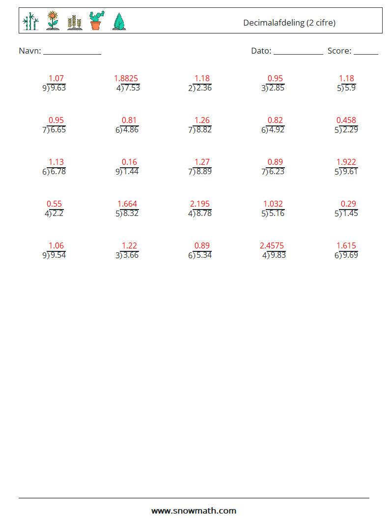 (25) Decimalafdeling (2 cifre) Matematiske regneark 11 Spørgsmål, svar