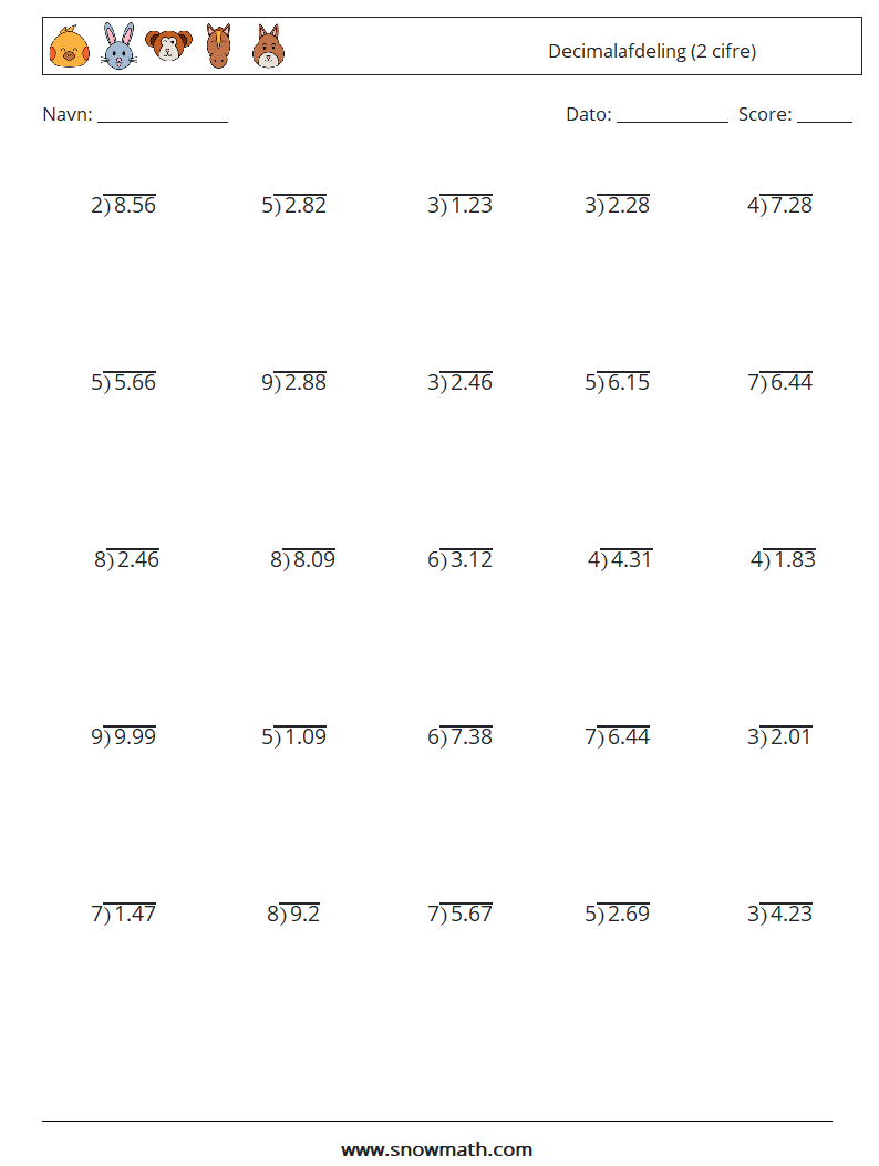 (25) Decimalafdeling (2 cifre) Matematiske regneark 12