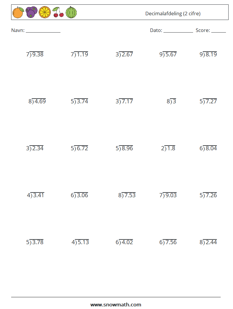 (25) Decimalafdeling (2 cifre) Matematiske regneark 14