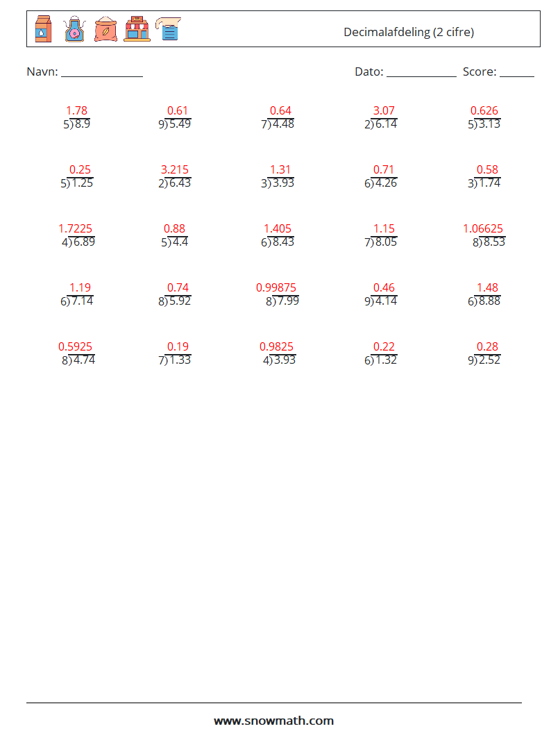 (25) Decimalafdeling (2 cifre) Matematiske regneark 15 Spørgsmål, svar