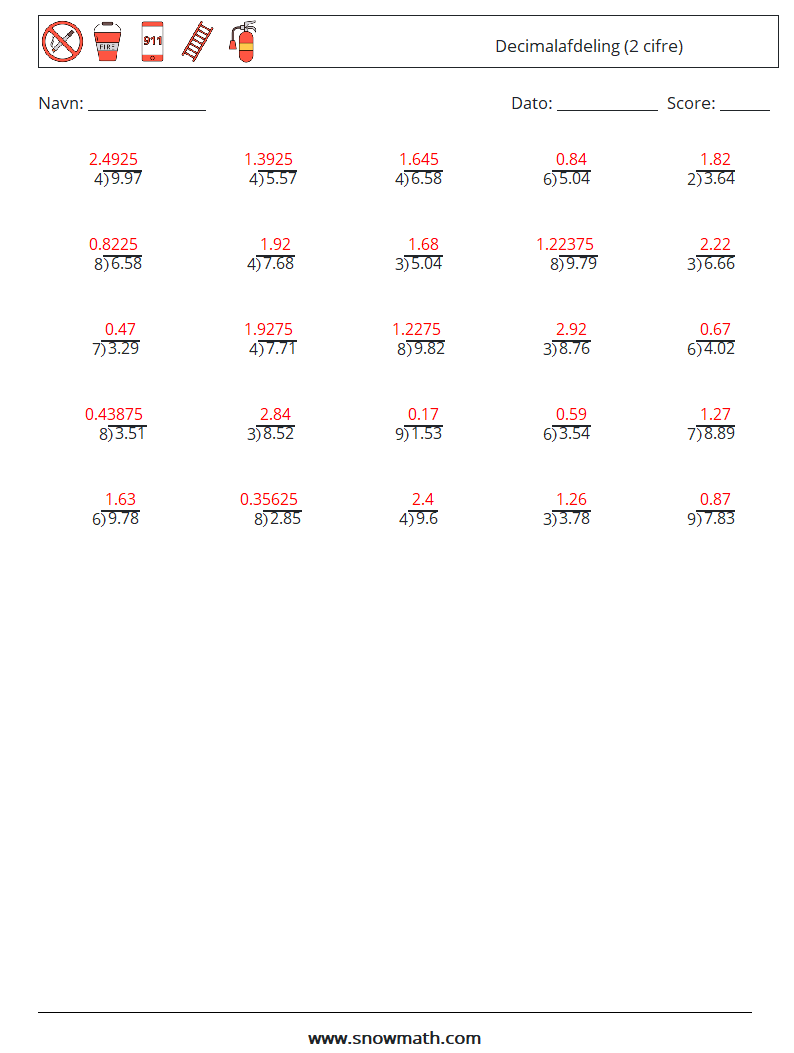 (25) Decimalafdeling (2 cifre) Matematiske regneark 16 Spørgsmål, svar