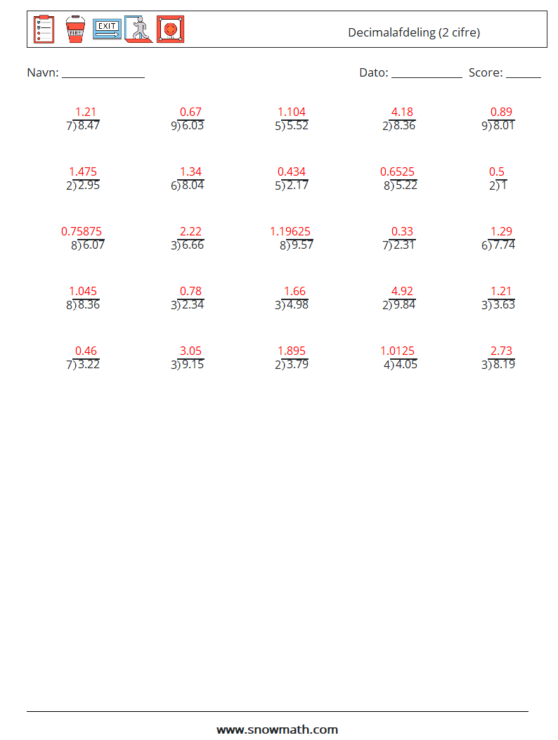 (25) Decimalafdeling (2 cifre) Matematiske regneark 18 Spørgsmål, svar