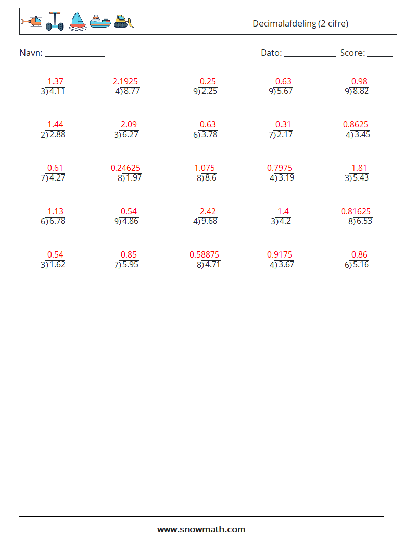 (25) Decimalafdeling (2 cifre) Matematiske regneark 1 Spørgsmål, svar