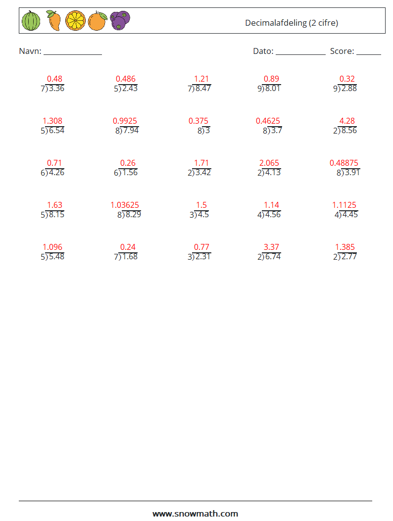 (25) Decimalafdeling (2 cifre) Matematiske regneark 3 Spørgsmål, svar