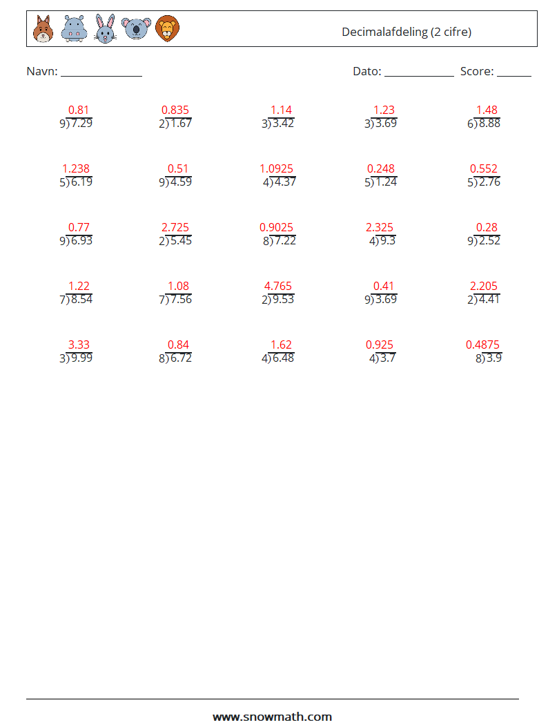 (25) Decimalafdeling (2 cifre) Matematiske regneark 5 Spørgsmål, svar