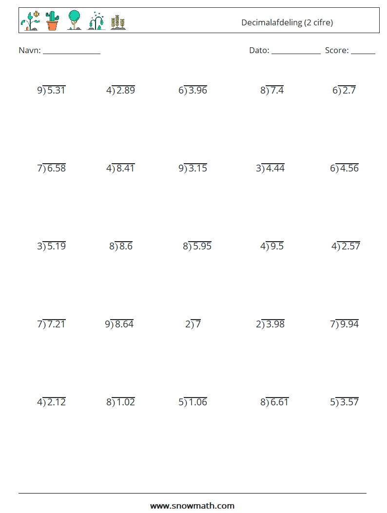 (25) Decimalafdeling (2 cifre) Matematiske regneark 7