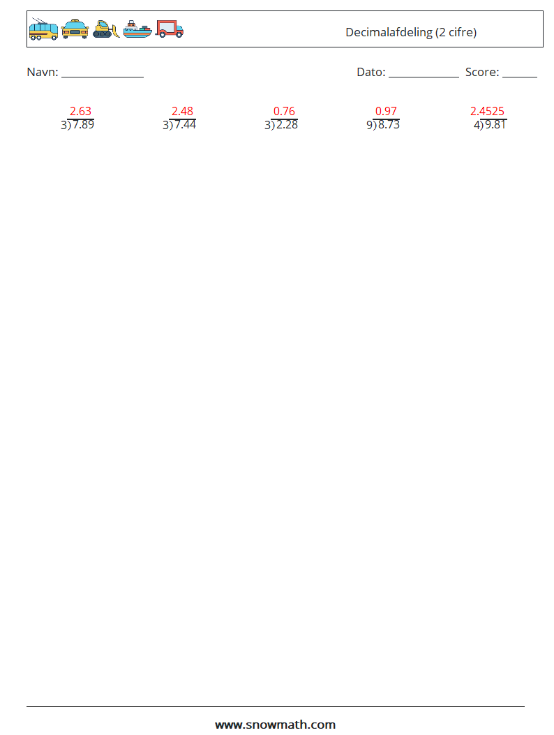 (25) Decimalafdeling (2 cifre) Matematiske regneark 8 Spørgsmål, svar