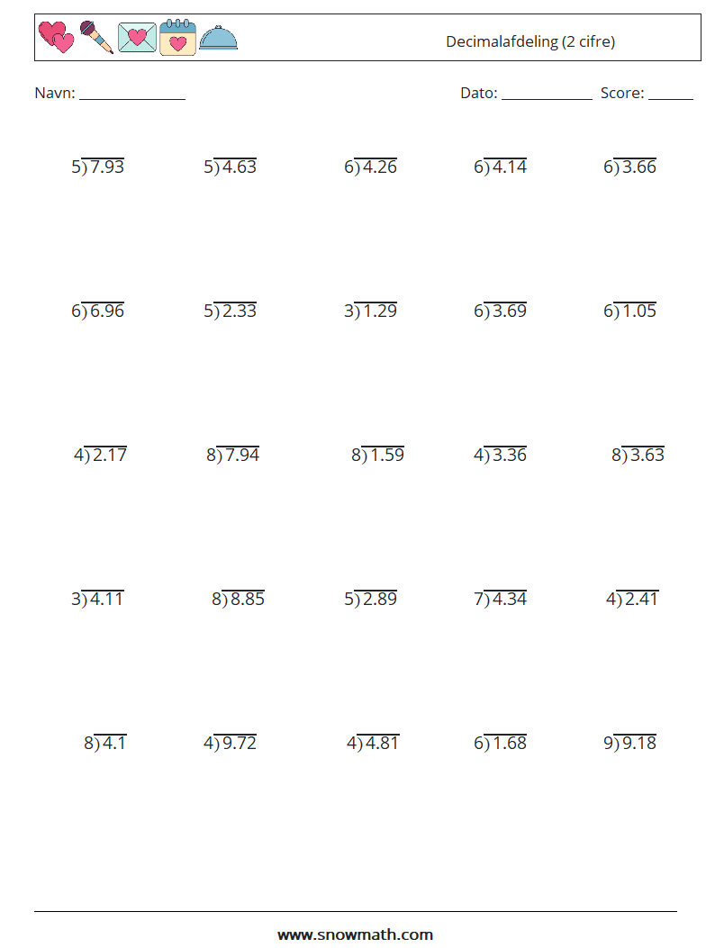 (25) Decimalafdeling (2 cifre) Matematiske regneark 9