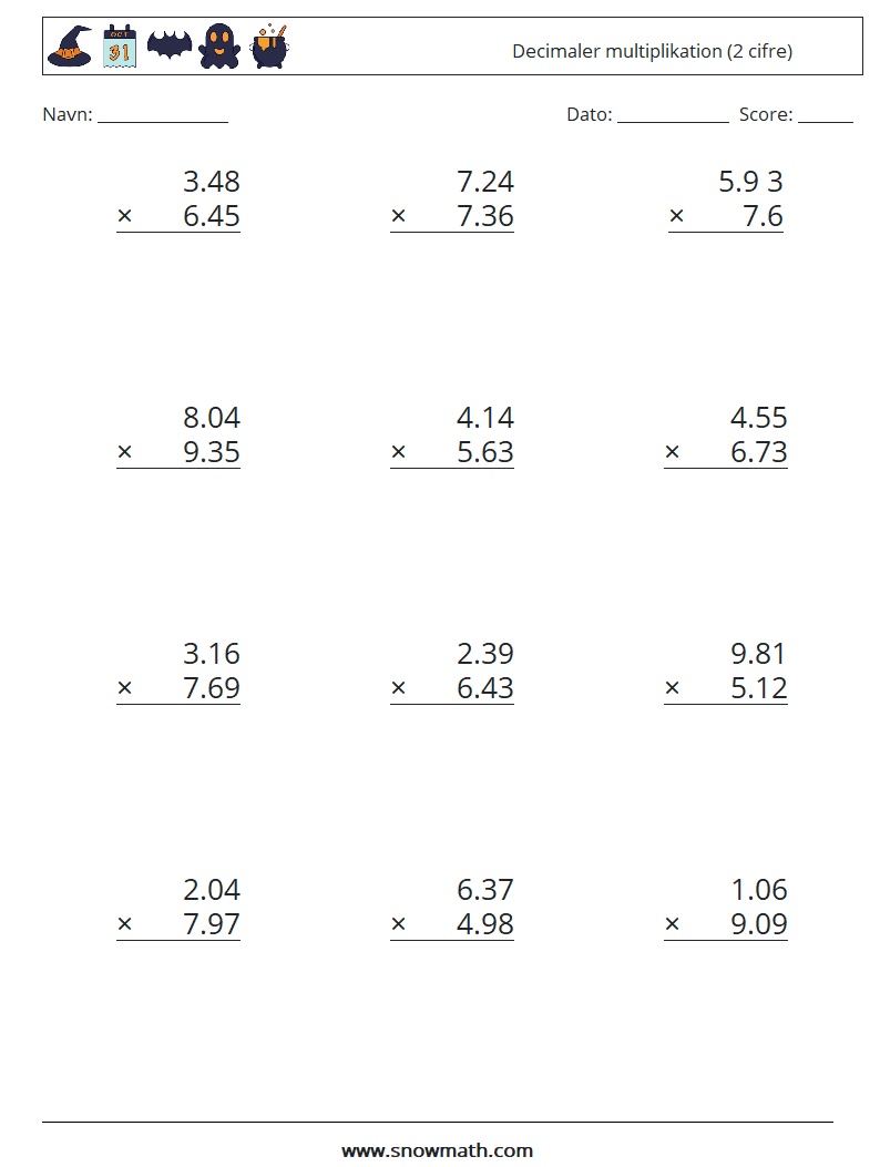 (12) Decimaler multiplikation (2 cifre) Matematiske regneark 1