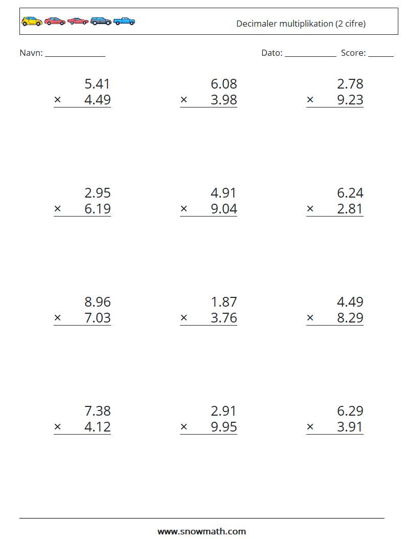 (12) Decimaler multiplikation (2 cifre) Matematiske regneark 10