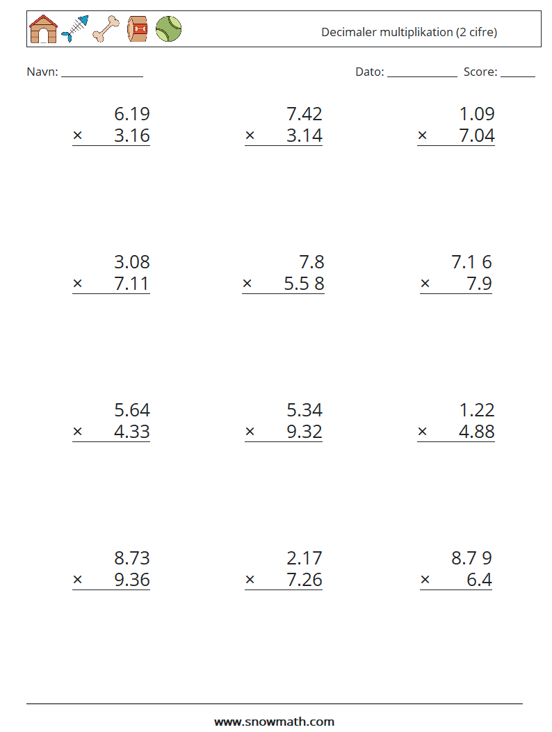 (12) Decimaler multiplikation (2 cifre) Matematiske regneark 11