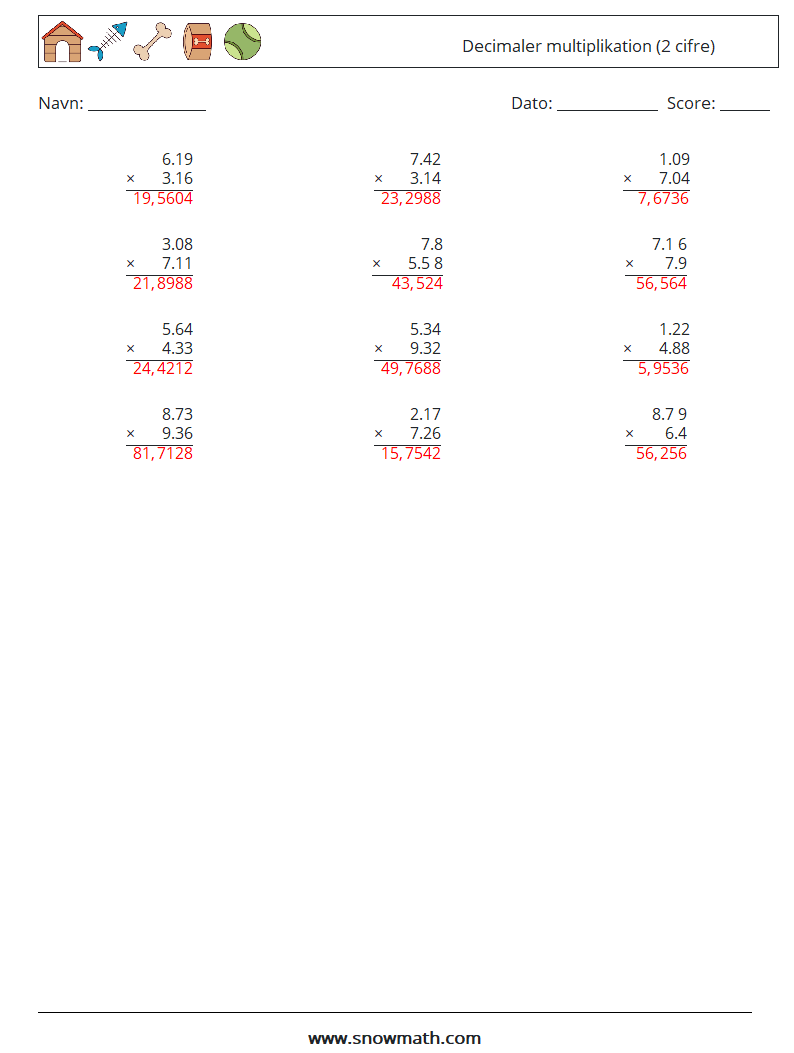 (12) Decimaler multiplikation (2 cifre) Matematiske regneark 11 Spørgsmål, svar