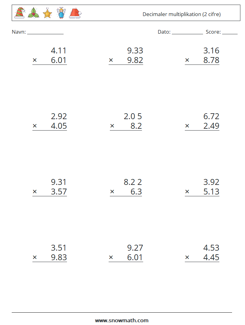 (12) Decimaler multiplikation (2 cifre) Matematiske regneark 12