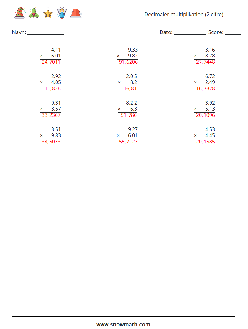 (12) Decimaler multiplikation (2 cifre) Matematiske regneark 12 Spørgsmål, svar