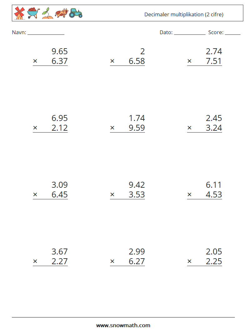 (12) Decimaler multiplikation (2 cifre) Matematiske regneark 13