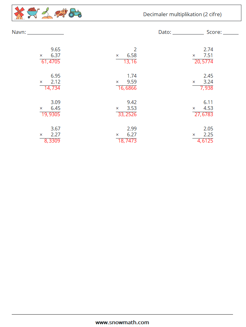 (12) Decimaler multiplikation (2 cifre) Matematiske regneark 13 Spørgsmål, svar