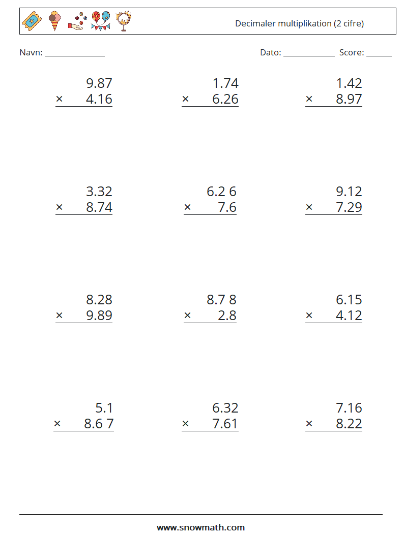 (12) Decimaler multiplikation (2 cifre) Matematiske regneark 14