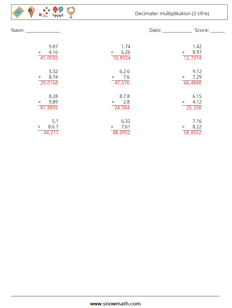 (12) Decimaler multiplikation (2 cifre) Matematiske regneark 14 Spørgsmål, svar