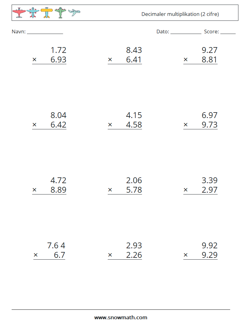 (12) Decimaler multiplikation (2 cifre) Matematiske regneark 15