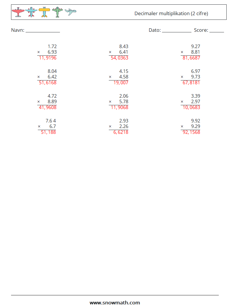 (12) Decimaler multiplikation (2 cifre) Matematiske regneark 15 Spørgsmål, svar