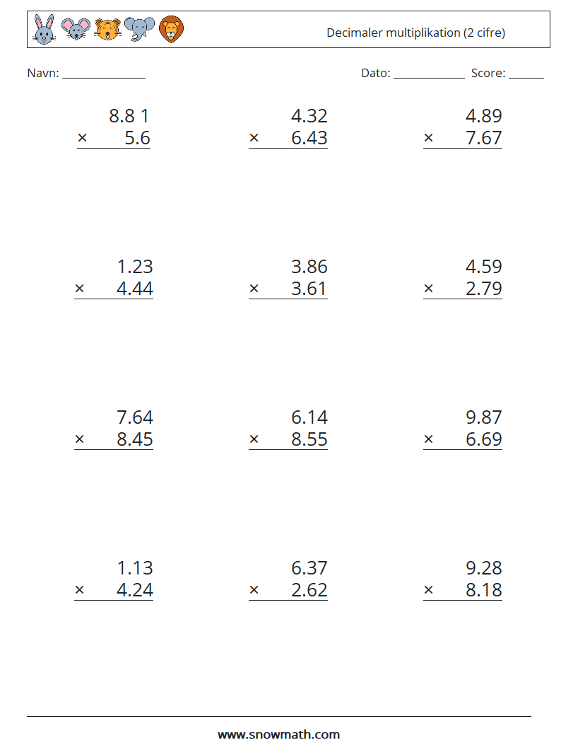 (12) Decimaler multiplikation (2 cifre) Matematiske regneark 16
