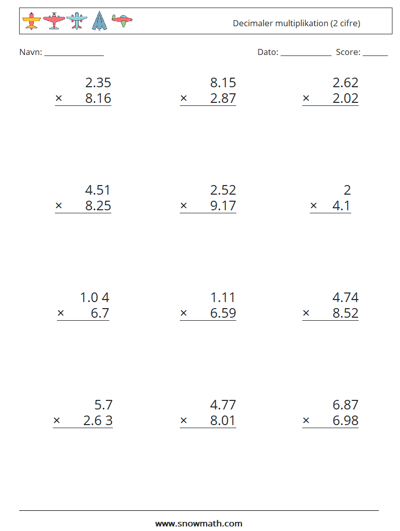 (12) Decimaler multiplikation (2 cifre) Matematiske regneark 17