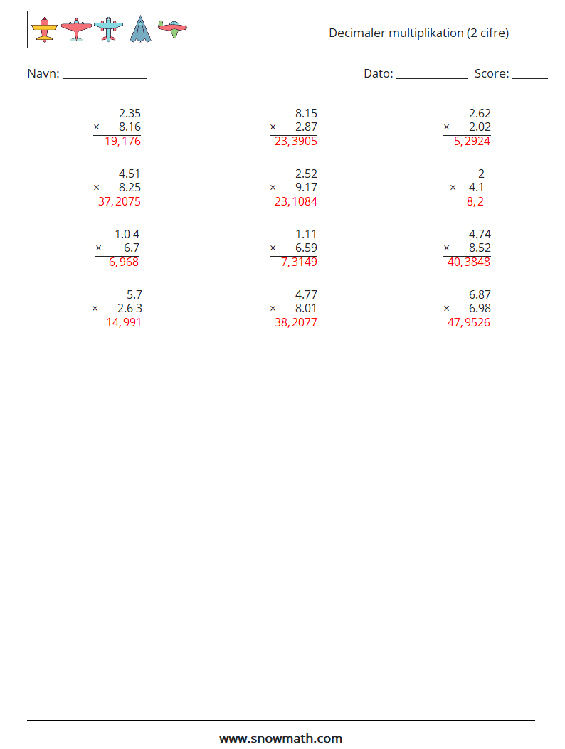 (12) Decimaler multiplikation (2 cifre) Matematiske regneark 17 Spørgsmål, svar
