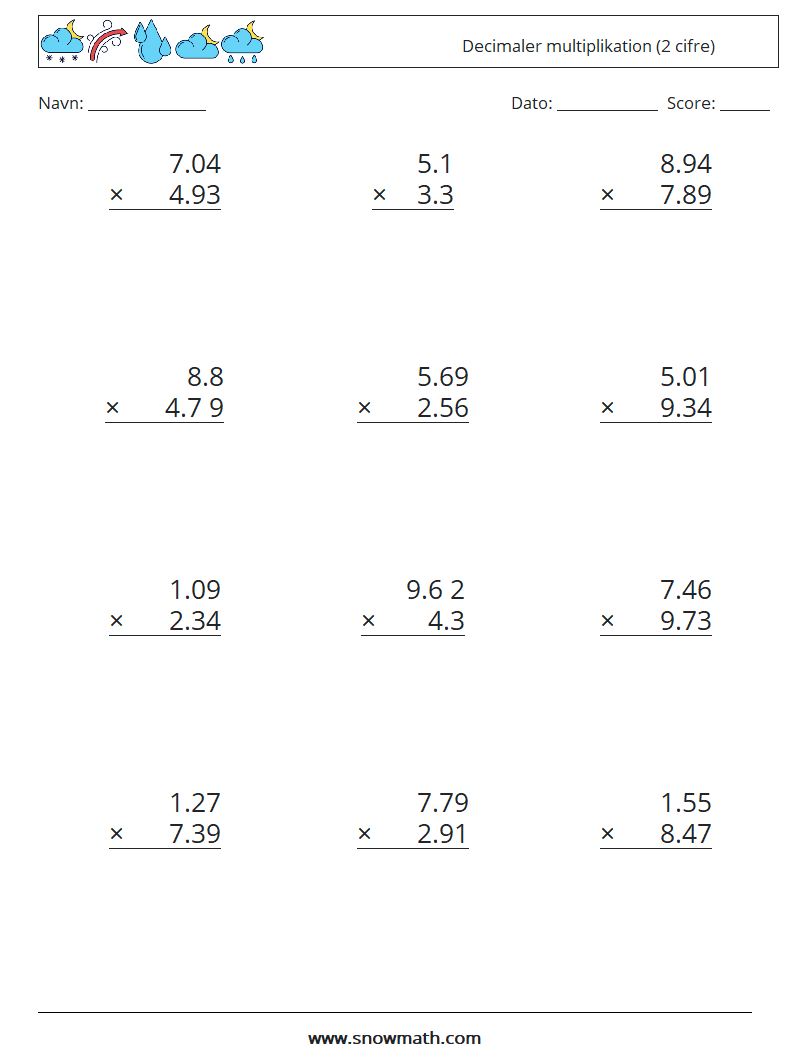 (12) Decimaler multiplikation (2 cifre) Matematiske regneark 18