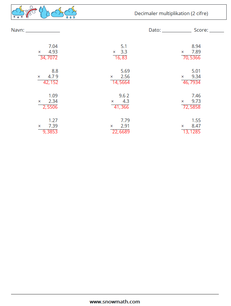 (12) Decimaler multiplikation (2 cifre) Matematiske regneark 18 Spørgsmål, svar
