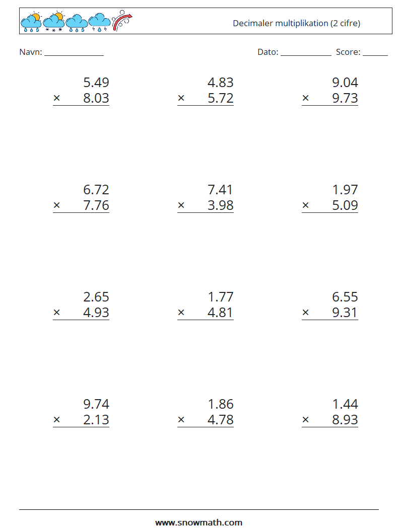 (12) Decimaler multiplikation (2 cifre) Matematiske regneark 2