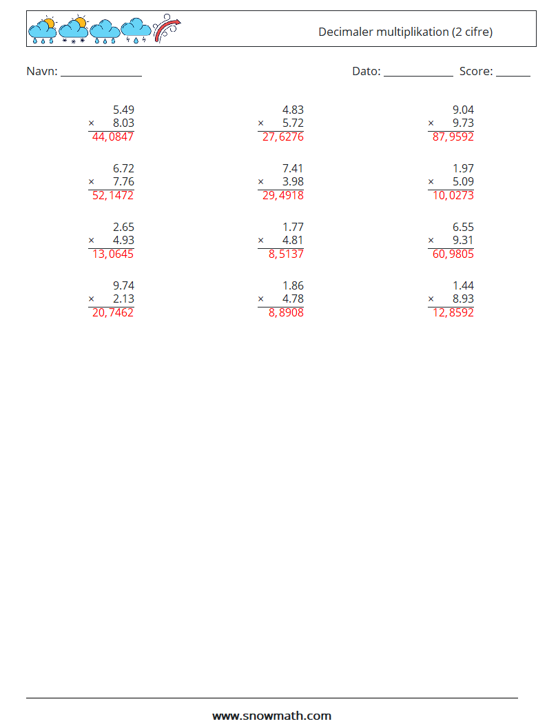 (12) Decimaler multiplikation (2 cifre) Matematiske regneark 2 Spørgsmål, svar