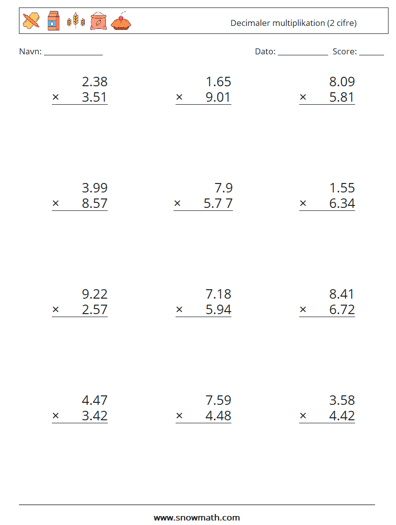 (12) Decimaler multiplikation (2 cifre) Matematiske regneark 3