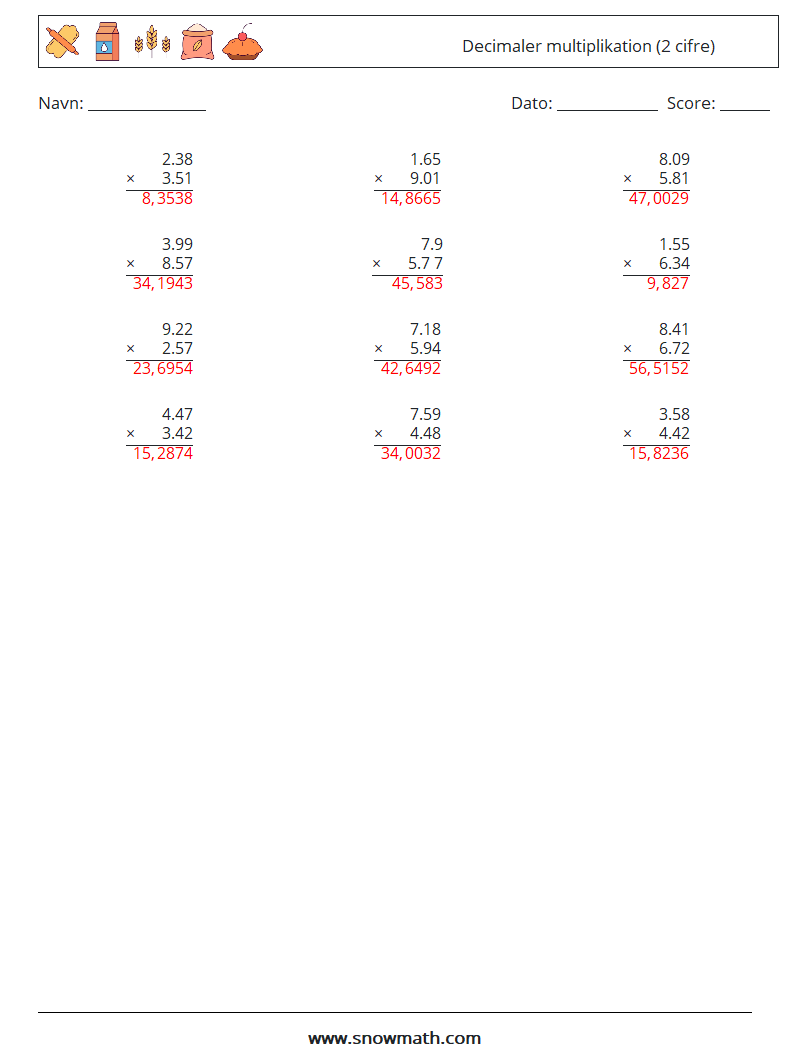 (12) Decimaler multiplikation (2 cifre) Matematiske regneark 3 Spørgsmål, svar